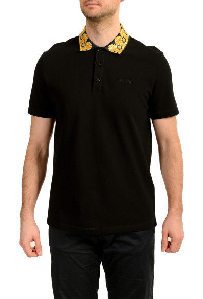 Versace Men's Black Barocco Print Short Sleeve Polo Shirt