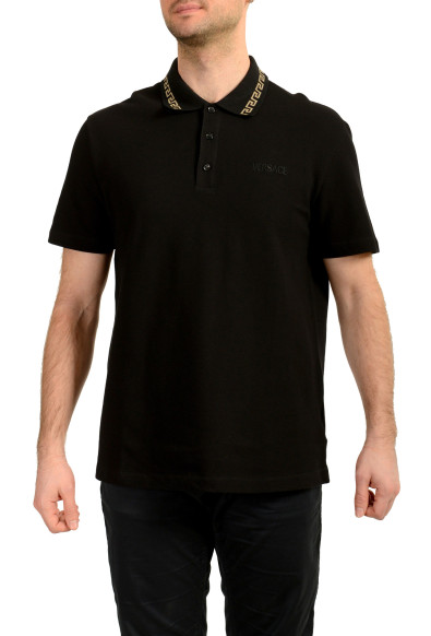 Versace Men's Gold Embroidery Black Short Sleeve Polo Shirt