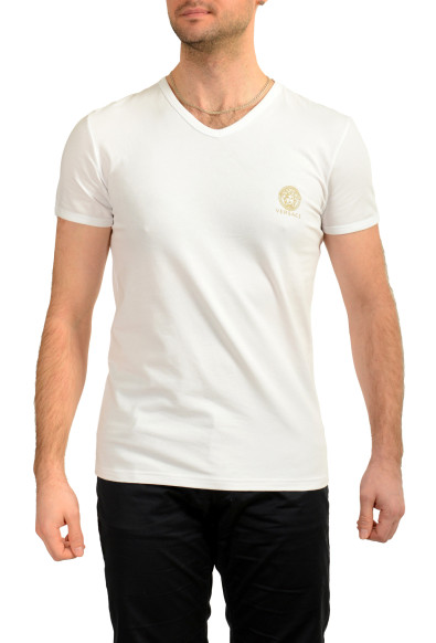 Versace Men's Gold Medusa Print White V-Neck T-Shirt