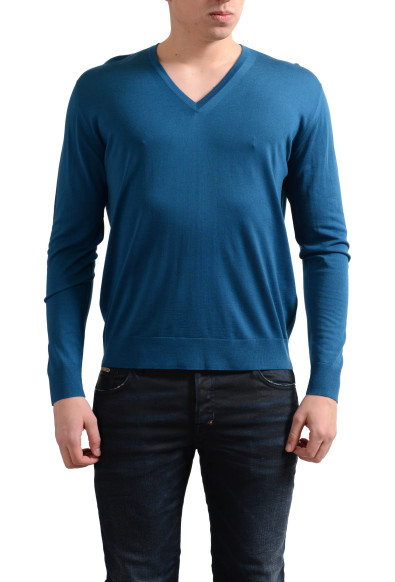 Prada Men's 100% Wool Blue V-Neck Pullover Sweater