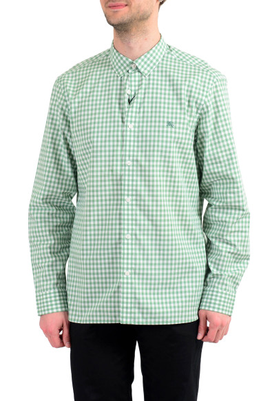 Burberry Men's Green White Plaid Long Sleeve Button Down Shirt