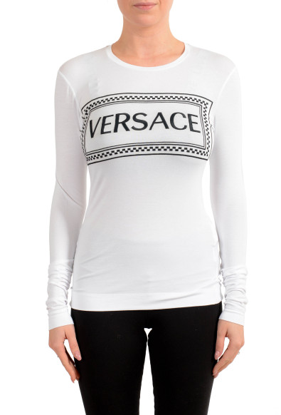 Versace Women's White Stretch Logo Print Long Sleeve Blouse Top 