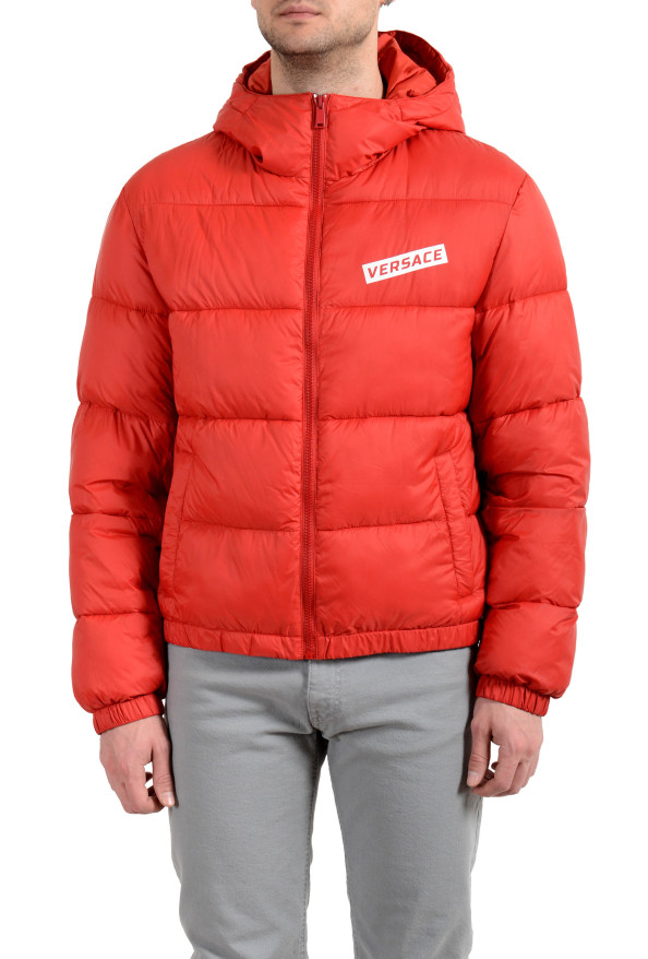 Versace Men's Red Logo Full Zip Hooded Parka Jacket