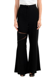 Versace Women's Black 100% Silk Leather Trimmed Dress Pants