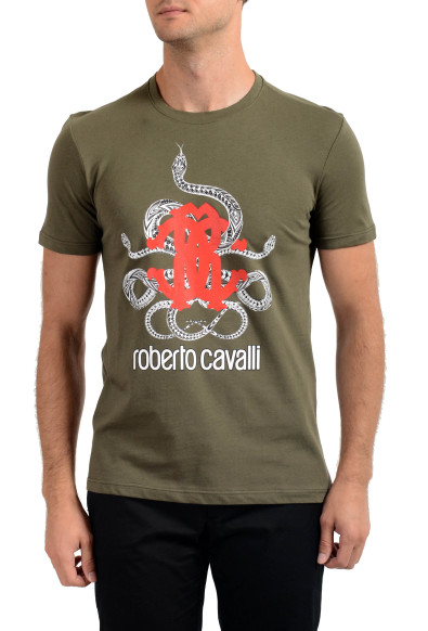 Roberto Cavalli Men's Olive Green Graphic Print Crewneck T-Shirt