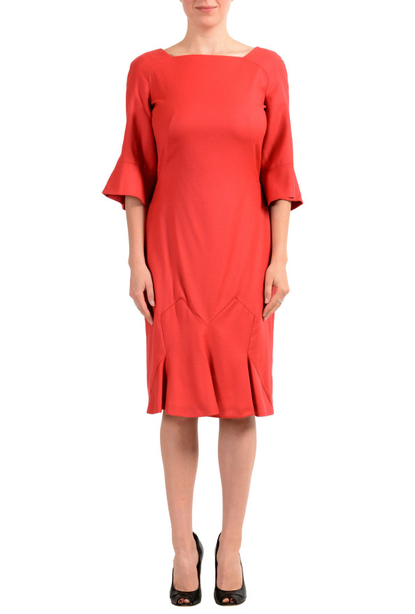 John Galliano Women's Coral Red Wool 3/4 Sleeve Flare Dress