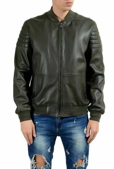 Hugo Boss "Mervon_1" Men's 100% Leather Olive Green Full Zip Jacket