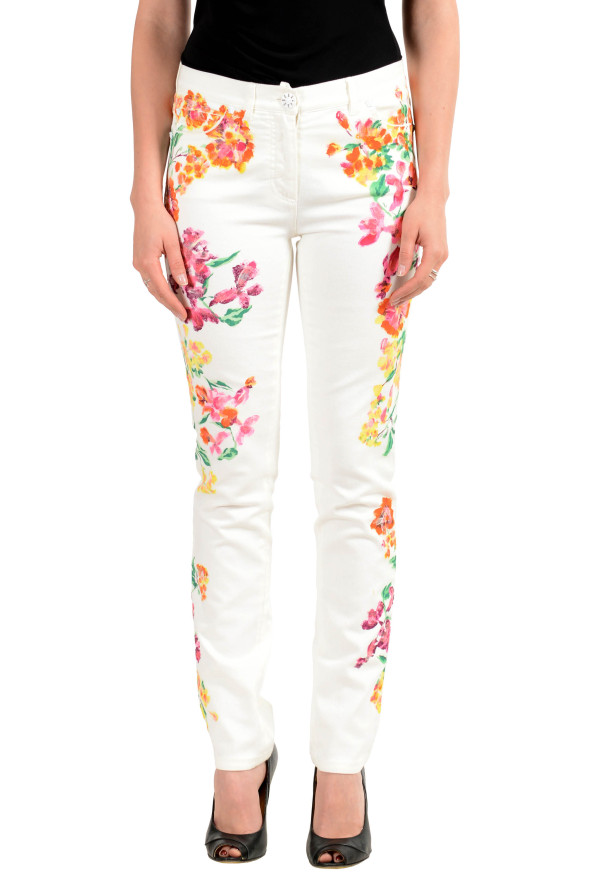 Versace Women's Off White Coated Floral Print Five Pocket Jeans
