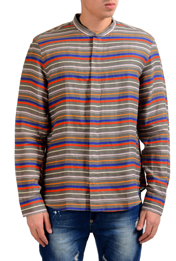 Armani Collezioni Men's 100% Linen Striped Button Front Casual Shirt