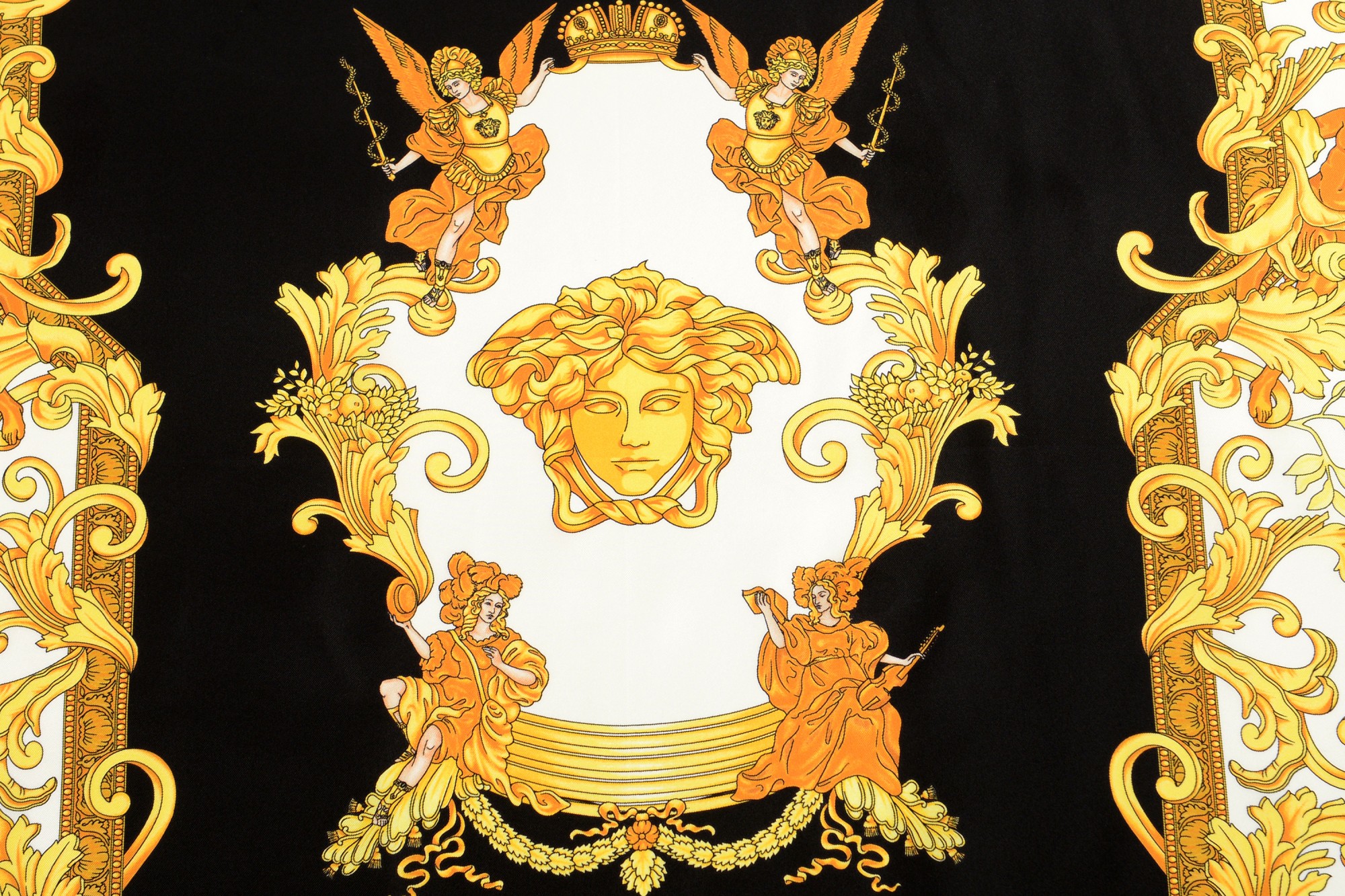 Versace Black \u0026 Gold Barocco Print 100% Silk Large Shawl Scarf, image size:2000x1333