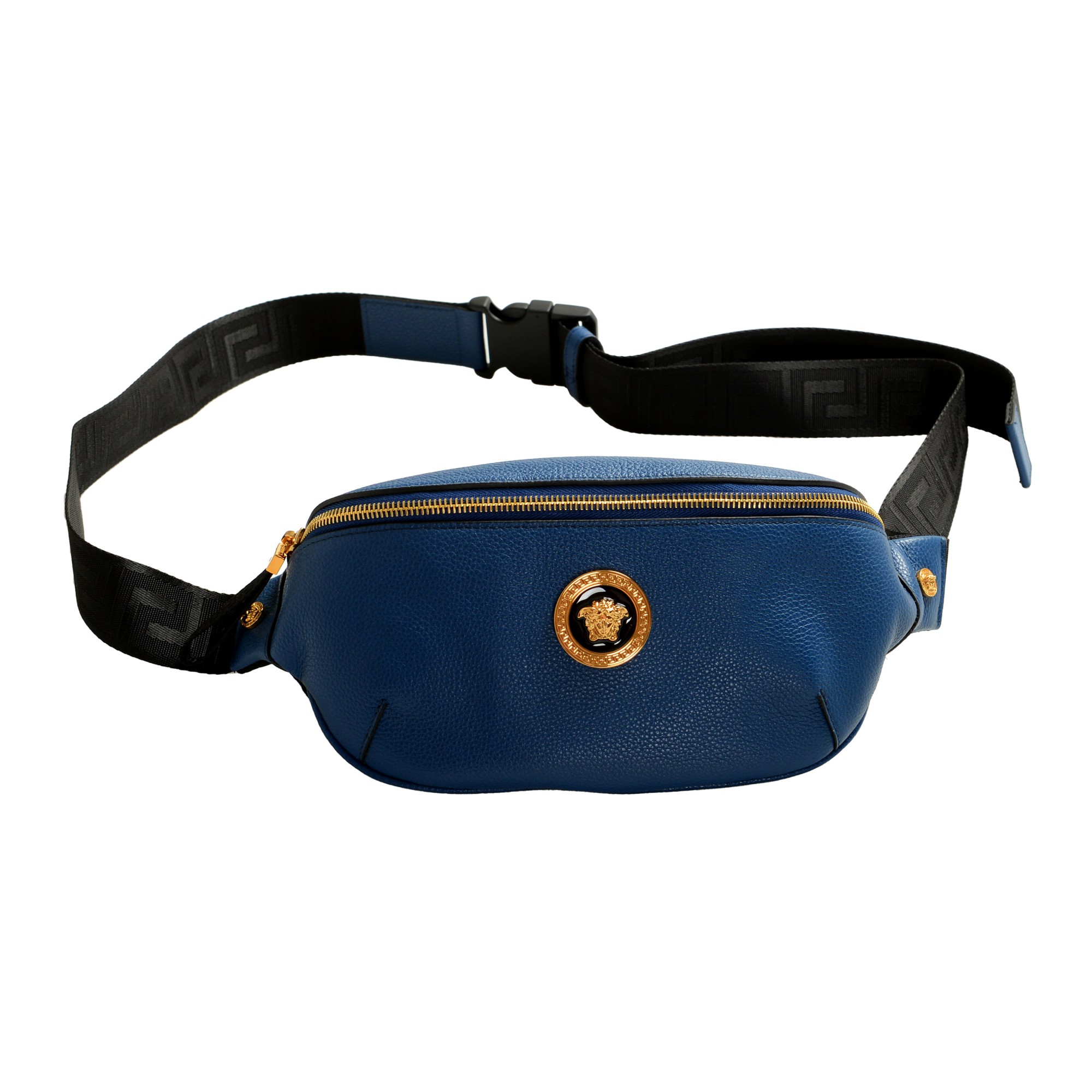 Versace Unisex Blue Gold Medusa Grained Leather Crossbody Fanny