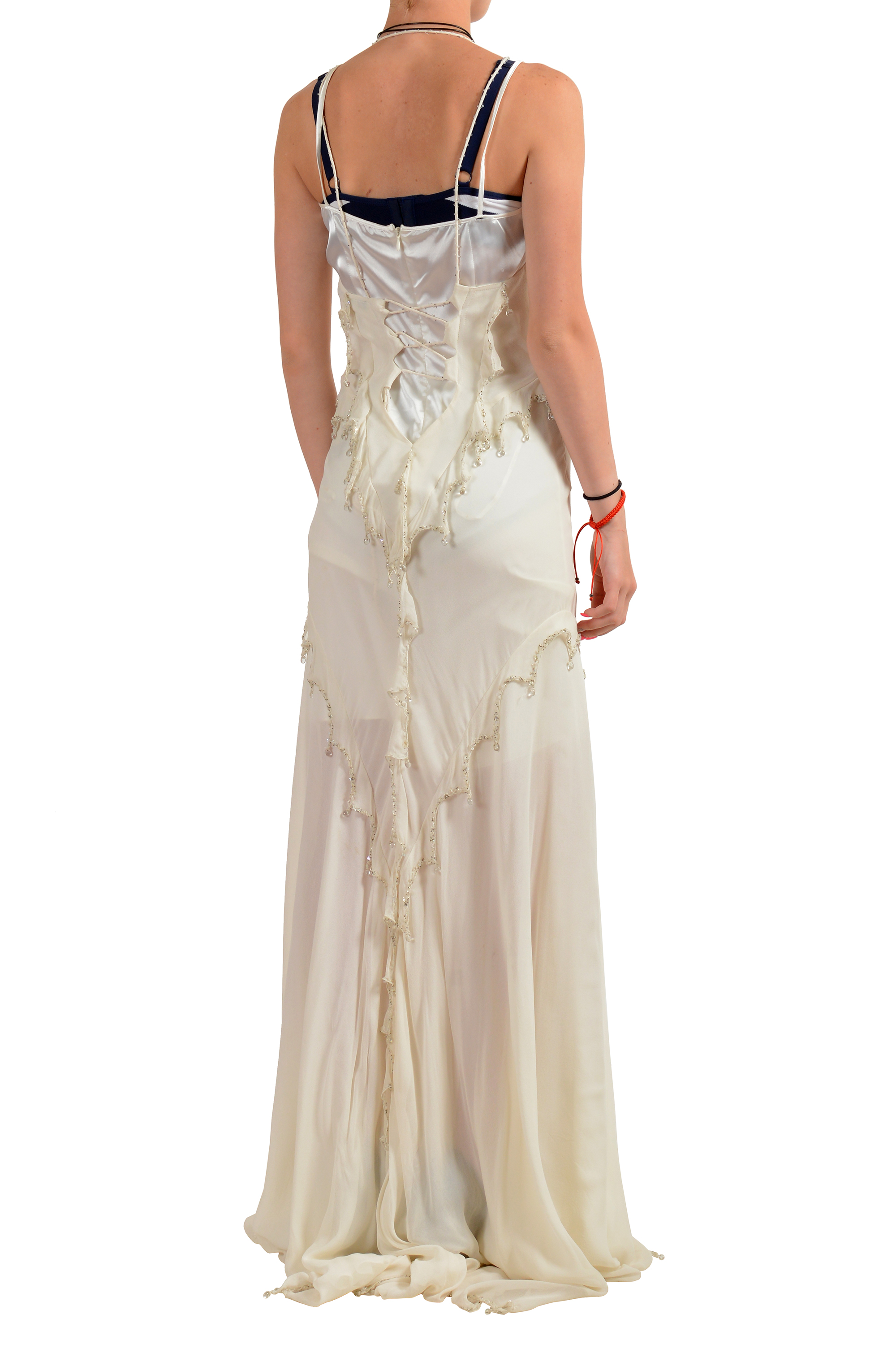 Roberto Cavalli Women's Ivory 100% Silk Embellished Evening Dress