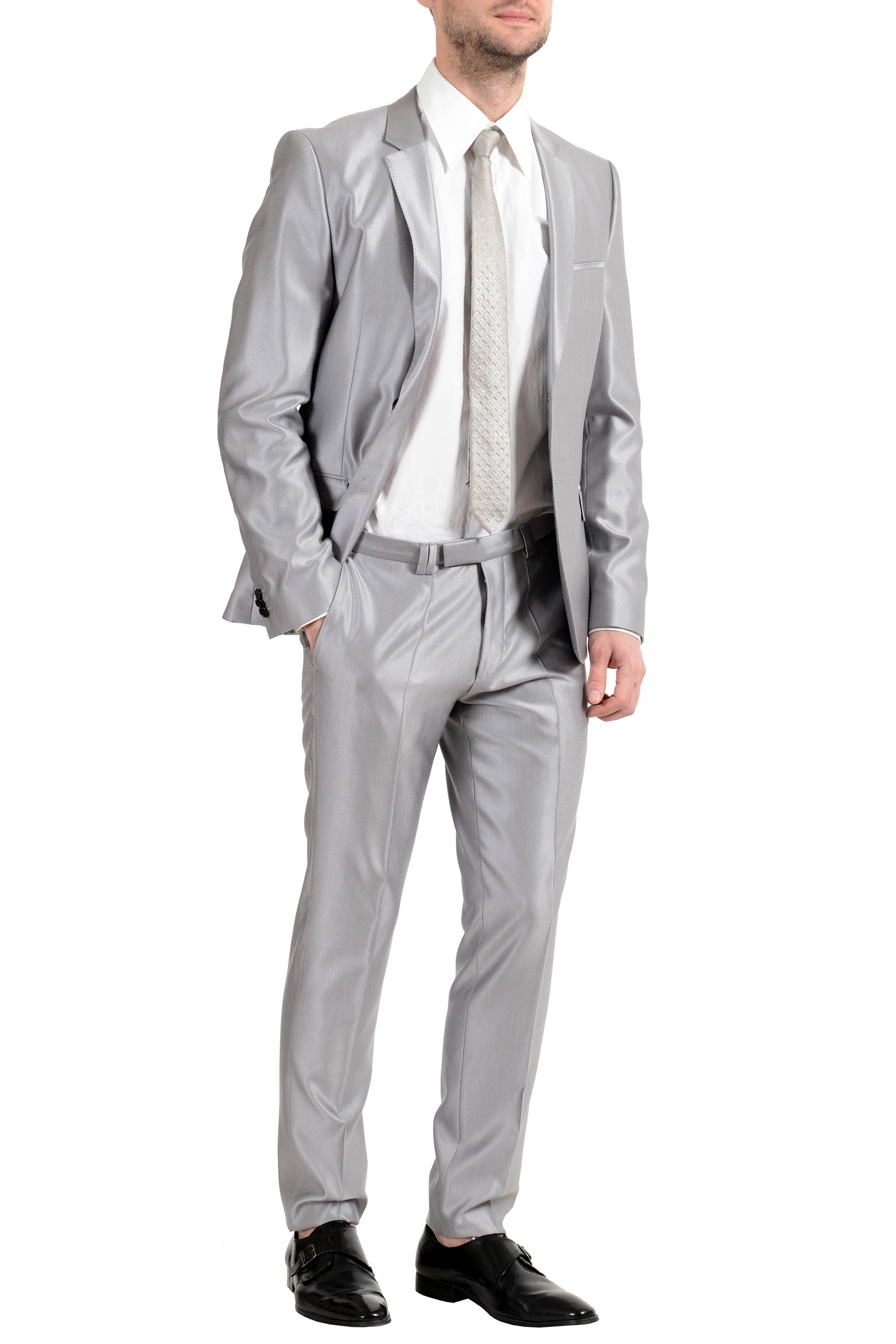 Two Button Wool Men\'s Silver Silk Gray Suit Boss \