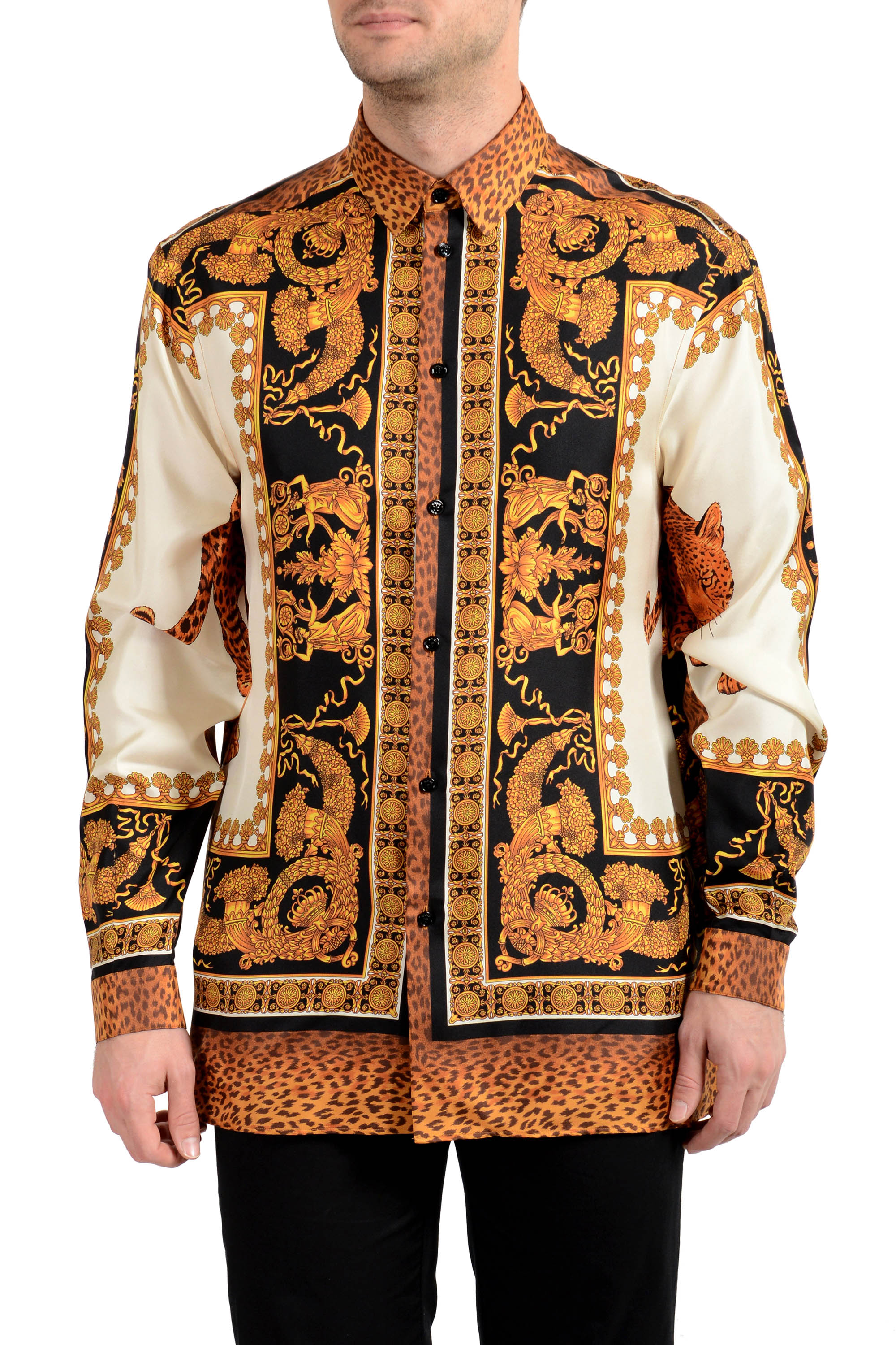 Definitief Zee zonnebloem Versace Men's 100% Silk Barocco Print Long Sleeve Dress Shirt