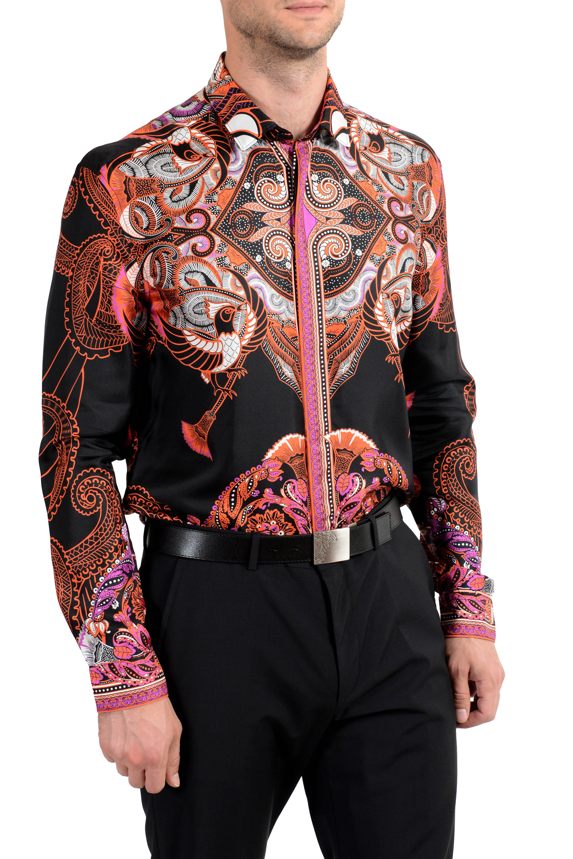 Versace Collection "Trend" Men's 100% Silk Graphic Long Dress Shirt